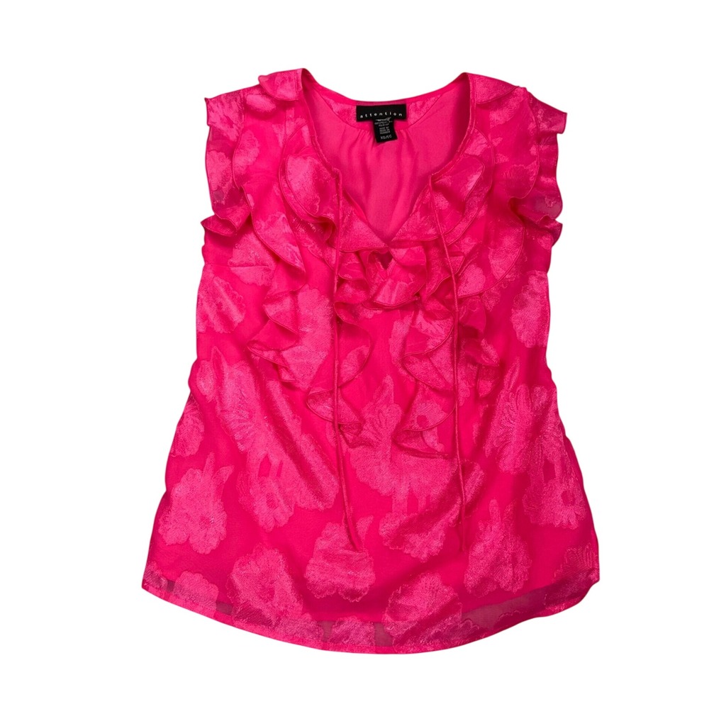 Attention Women Hot Pink Floral Burnout Ruffle V-Neck Blouse Side Zip XS